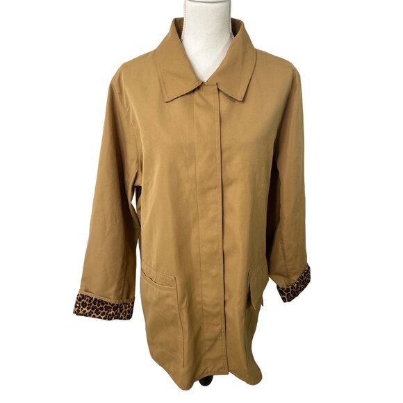 Dennis Basso 1X Tan Trench Coat Leopard Cuff Lining Classic‎ Mid-Length - Picture 1 of 9
